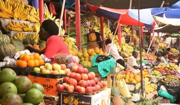 Fresh fruit and vegetables displayed at a market stall
